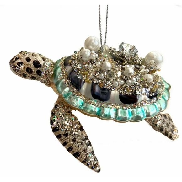 Sea Turtle Christmas Ornament Glass Aqua Blue Nautical Ocean Seaside Jeweled - Picture 3 of 7
